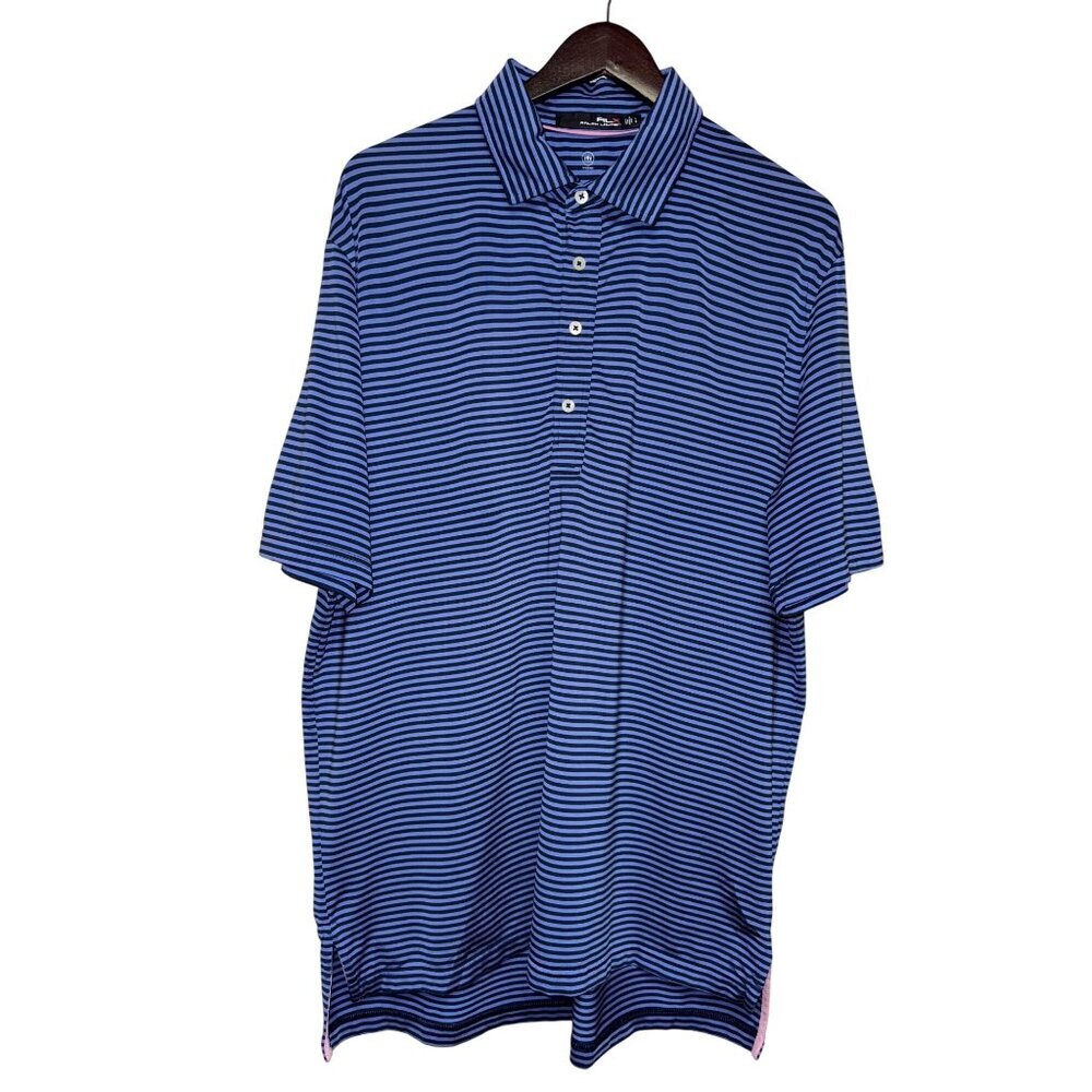 Ralph Lauren RLX Polo Shirt Men's Blue Stripe Large Blackhawk 1921 Golf Athletic